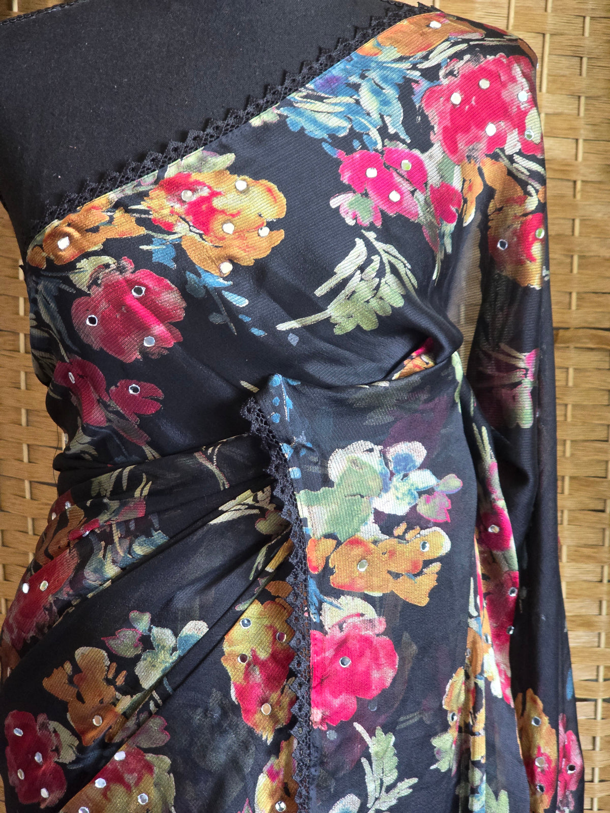 Black floral chiffon brasso saree with mirror and lace border - BP