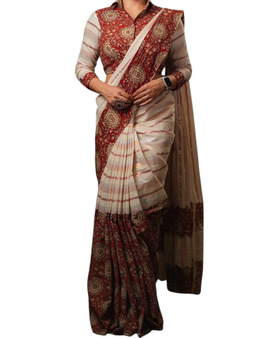 Premium cotton Ajrakh patch work saree with copper silver stripes- No BP