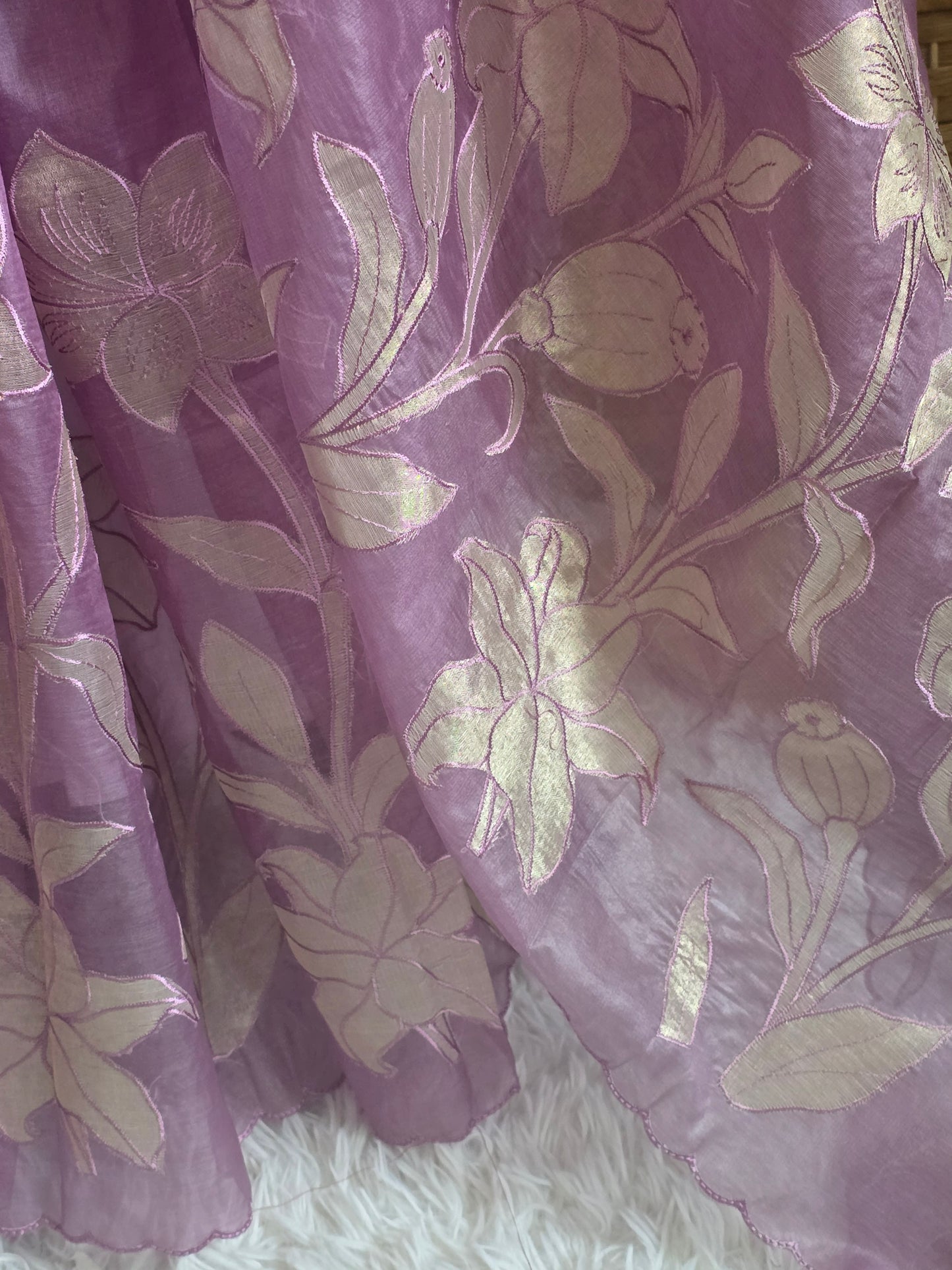 Turquish organza saree (lavender) with applique work- stitched blouse