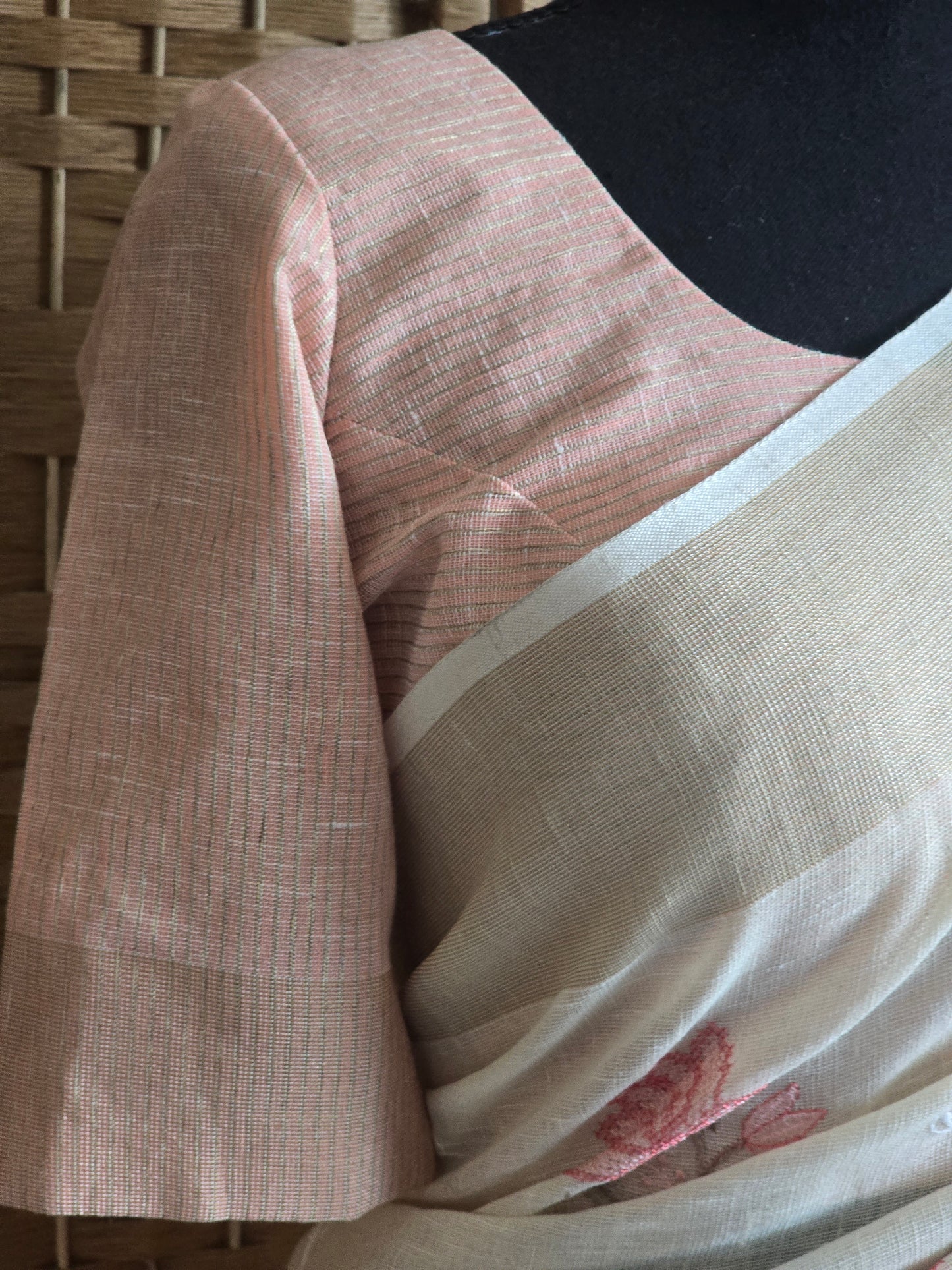 Linen cotton saree with stitched blouse-creme/ peach combo