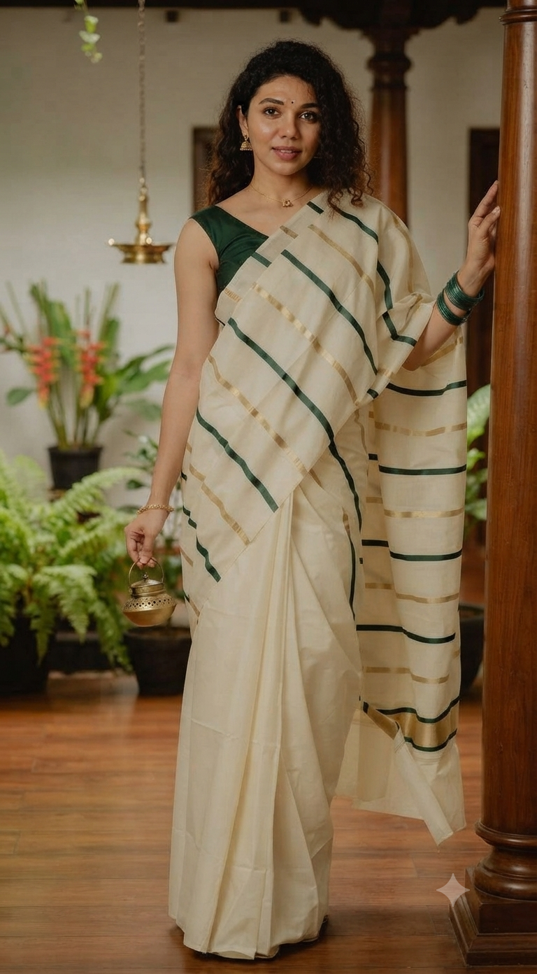Soft cotton onam saree with green / gold stripes