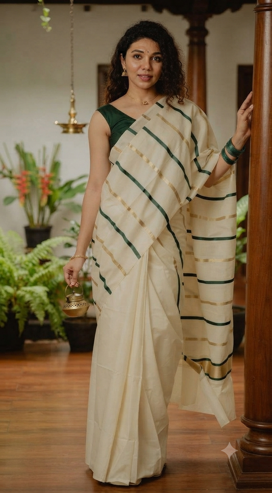 Soft cotton onam saree with green / gold stripes
