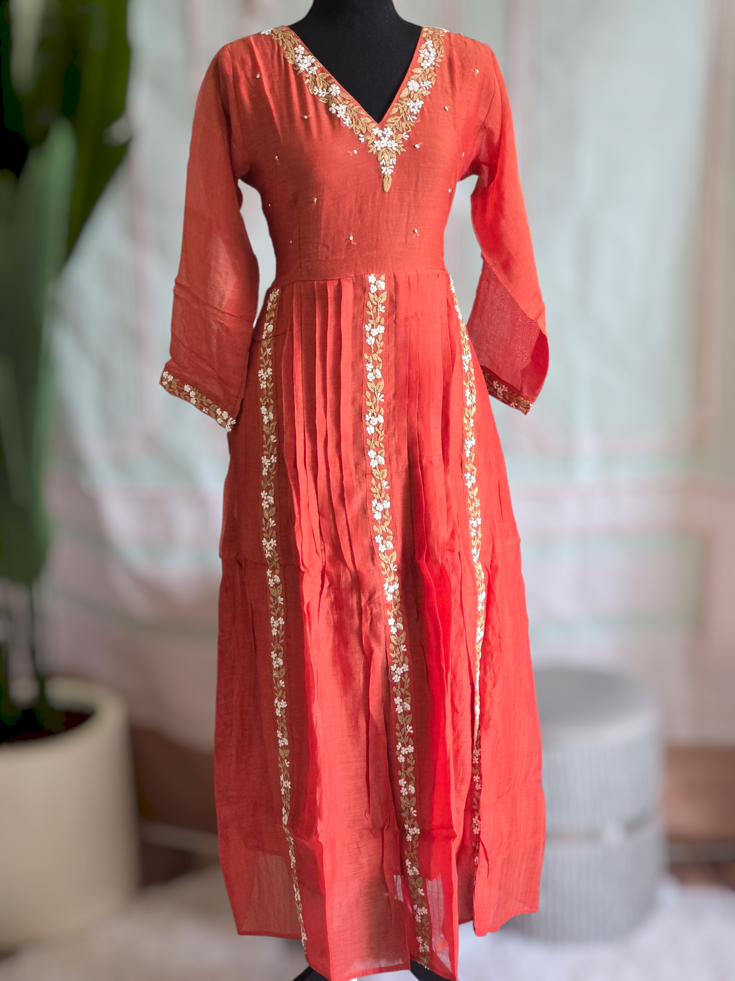 Malai chanderi 3 pc salwar suit set-Rusty orange shade
