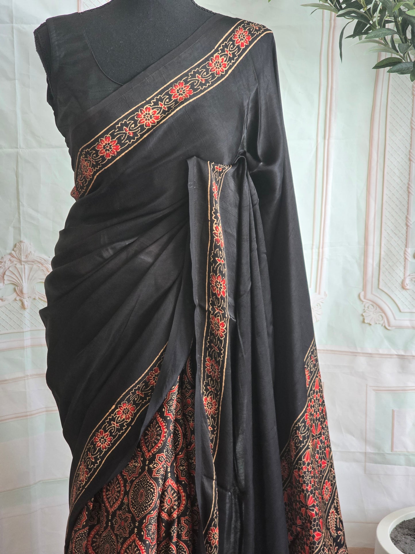 Modal silk saree with ajrakh print ( pleats and pallu)- Stitched blouse