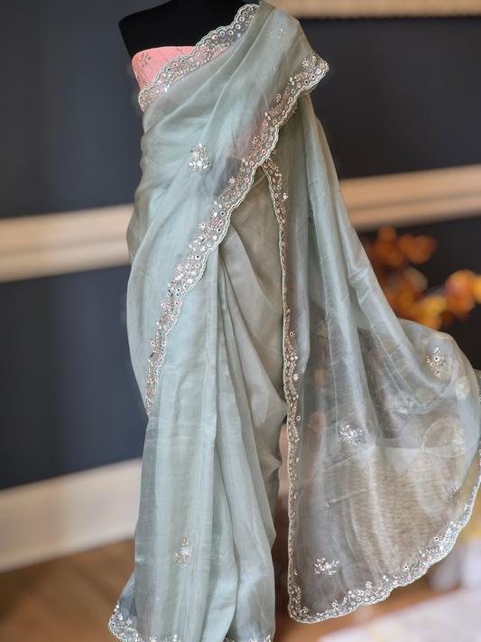 Pure organza silk saree with beads and stone work-stitched ( contrast) blouse