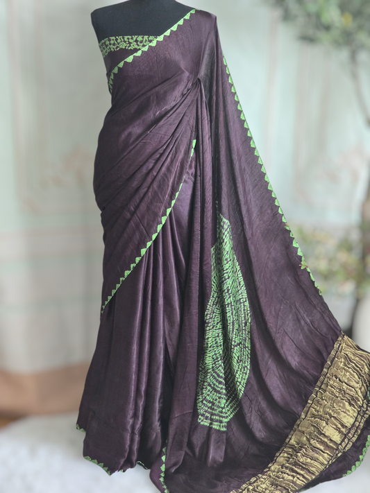 Modal silk saree( brown) with border print- stitched blouse