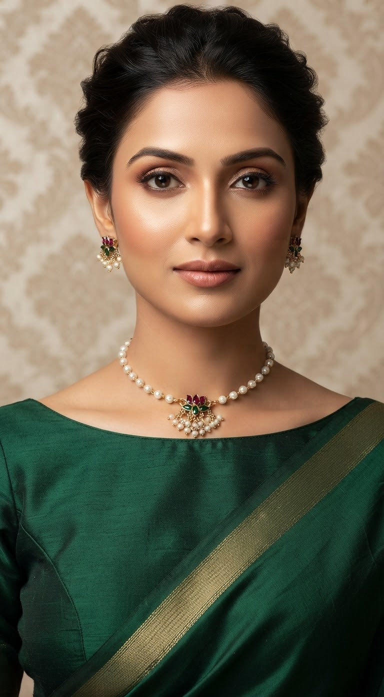White pearl choker set with lotus-S