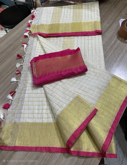 Cotton(mix) linen onam saree with stitched blouse (pink)