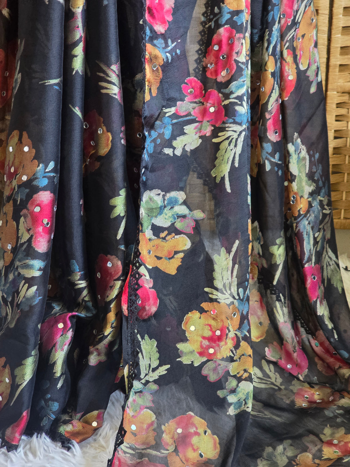Black floral chiffon brasso saree with mirror and lace border - BP