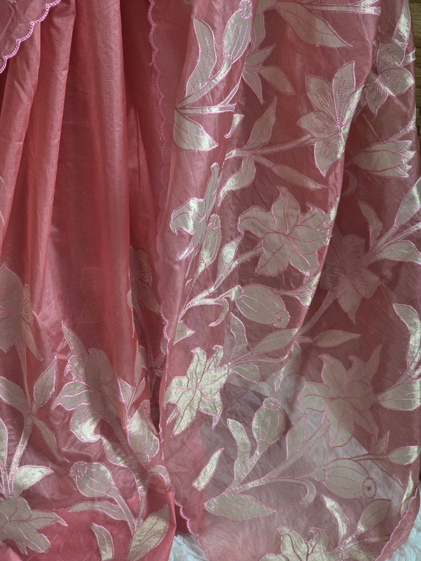 Turquish organza saree (baby pink) with applique work- stitched blouse
