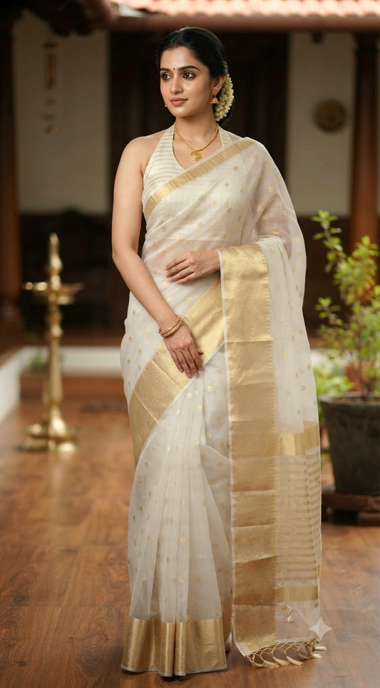 Semi organza saree with golden zari polka dot- BP ( fall and pico ready)