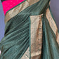Crape silk saree with check design body= stitched contrast blouse