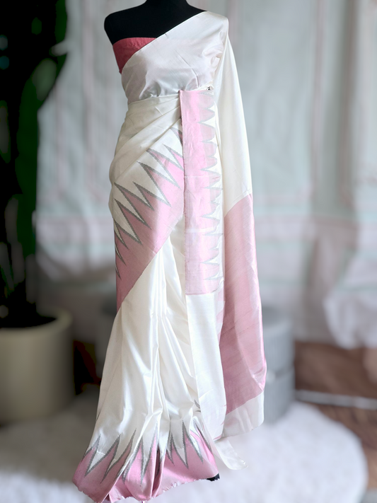 Kancheepuram soft silk in white/ pink shade- stitched blouse