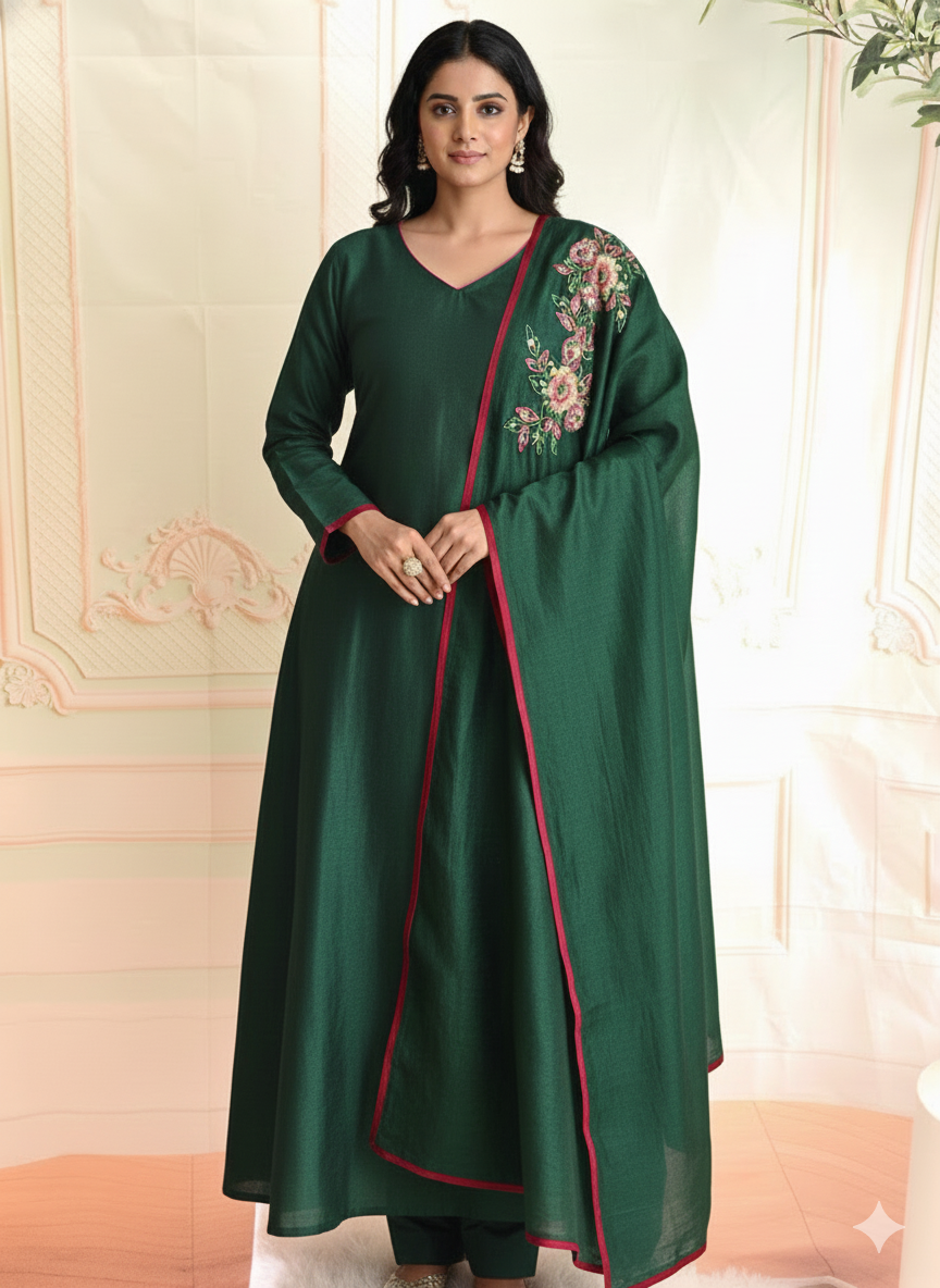 Dark green A line kurti with dupatta ( hand work)