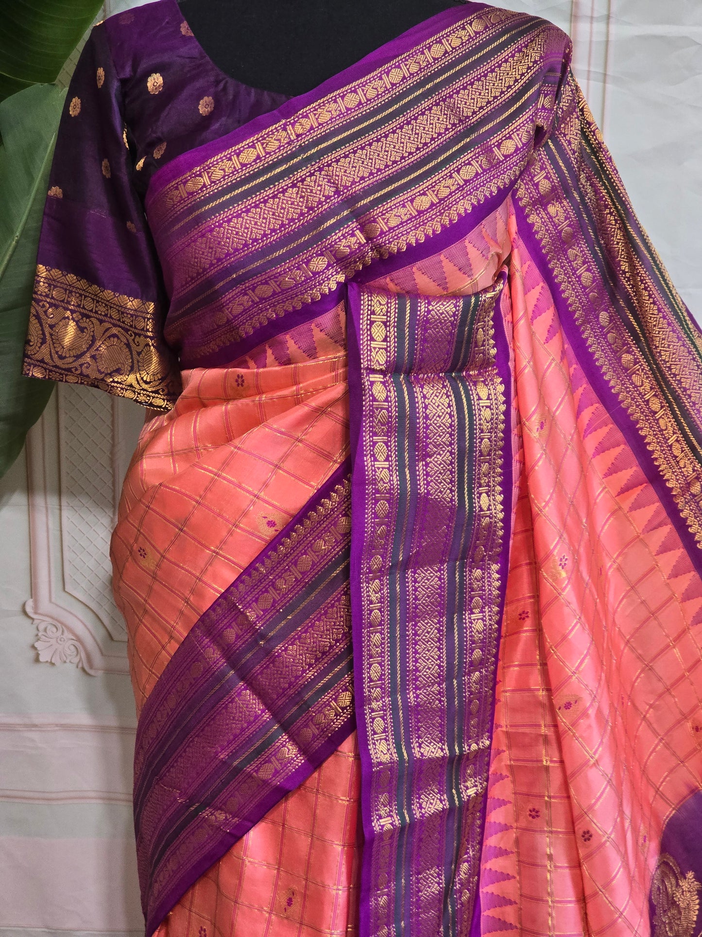 Gadwal pattu check design saree with contrast pallu and stitched blouse