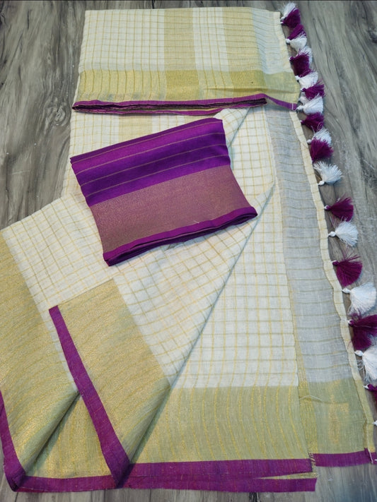 Cotton linen onam saree with stitched blouse (Dark purple)