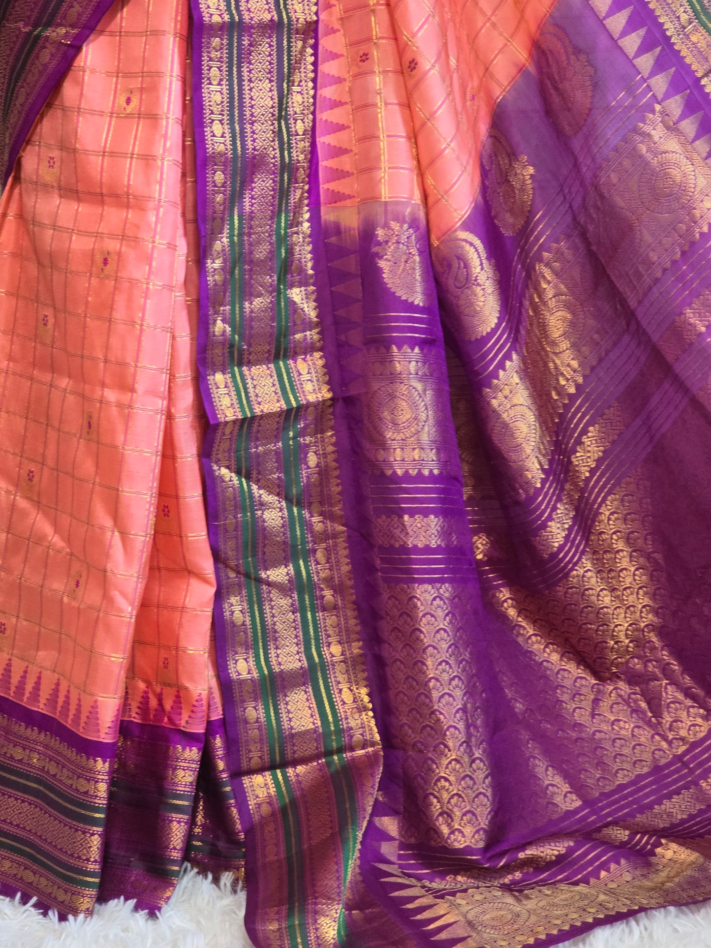Gadwal pattu check design saree with contrast pallu and stitched blouse