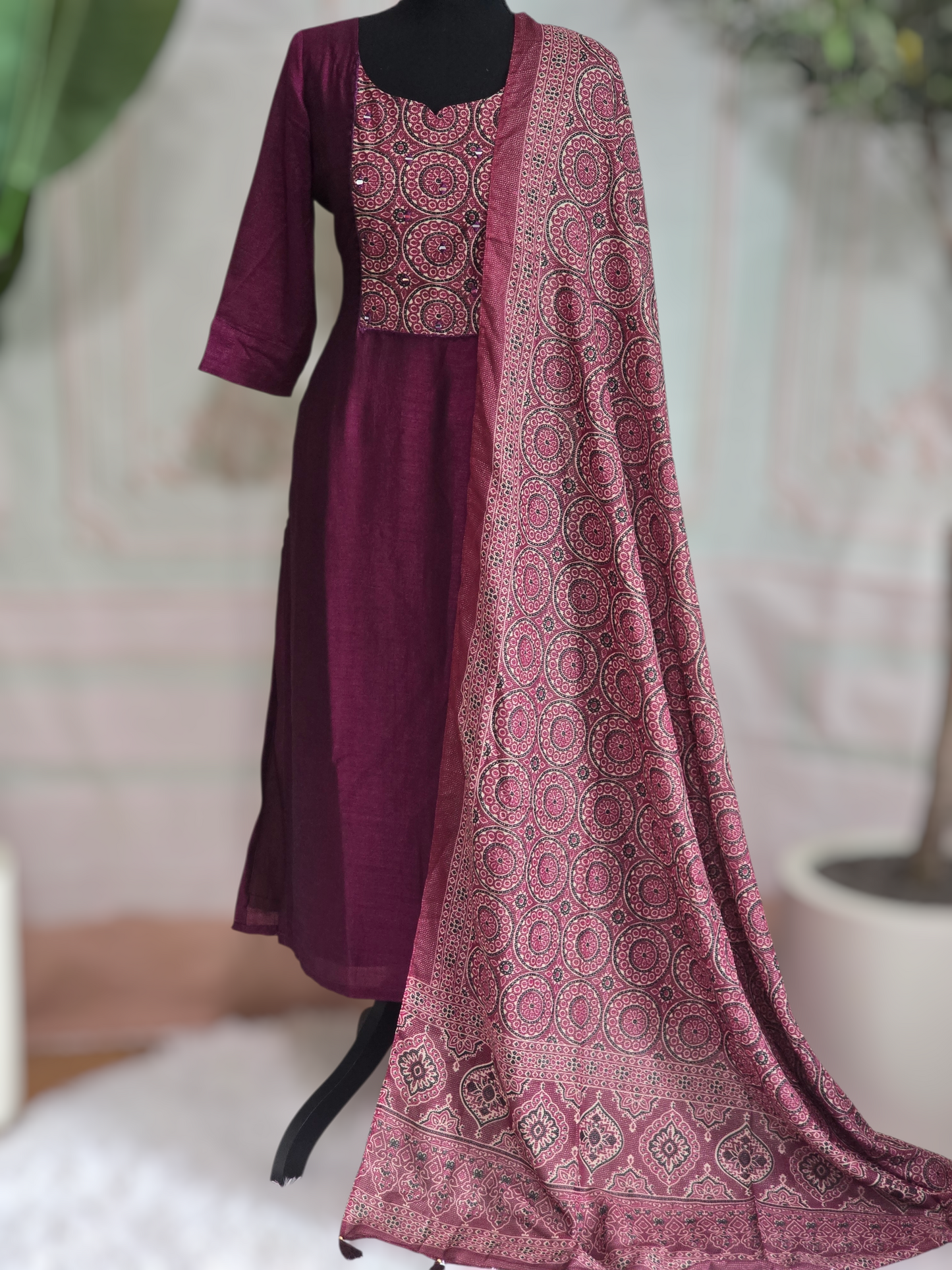 Semi silk 3 pc salwar suit with mirror work yoke