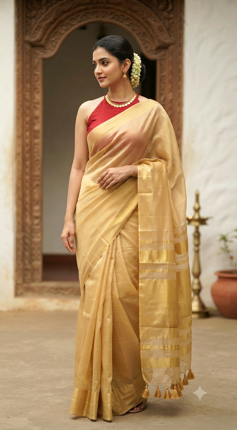 Golden tissue saree with Bp (fall and pico ready)