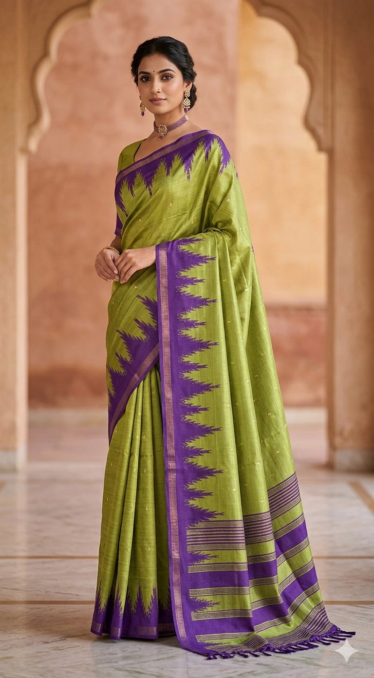 Semi silk saree green/ purple comb-BP