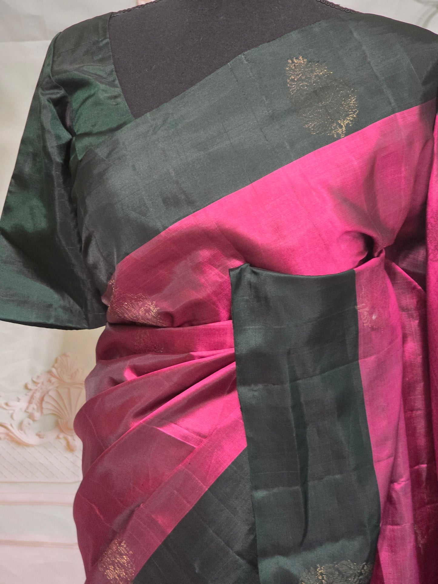 Kancheepuram soft silk with bluish grey and blue combo- Stitched blouse