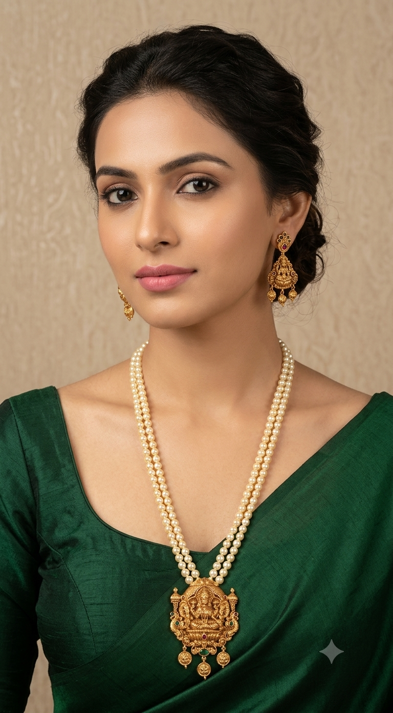 Off white pearl haaram goddess pendent with earrings