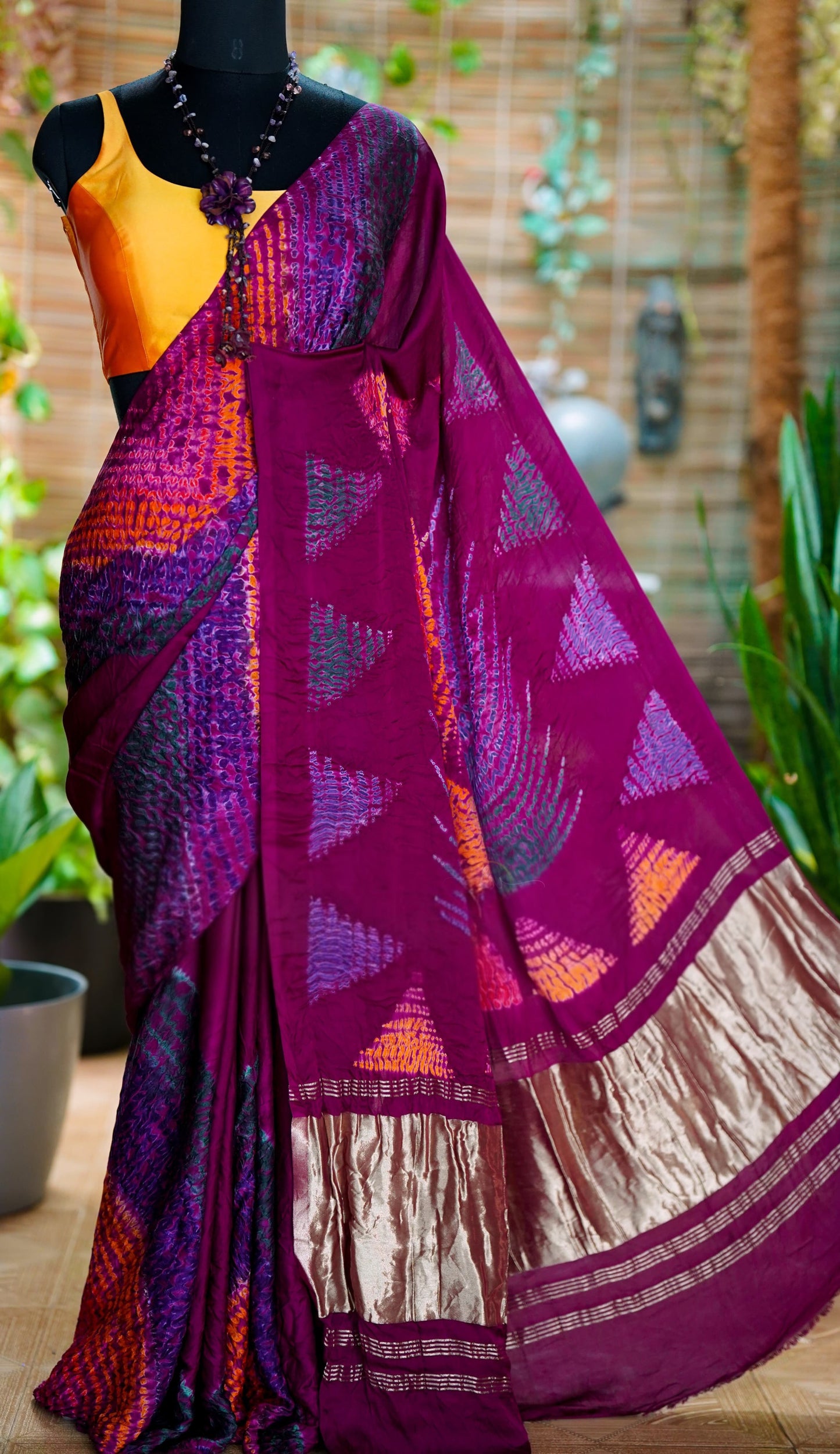 Gajji silk saree with bandhej print- stitched blouse