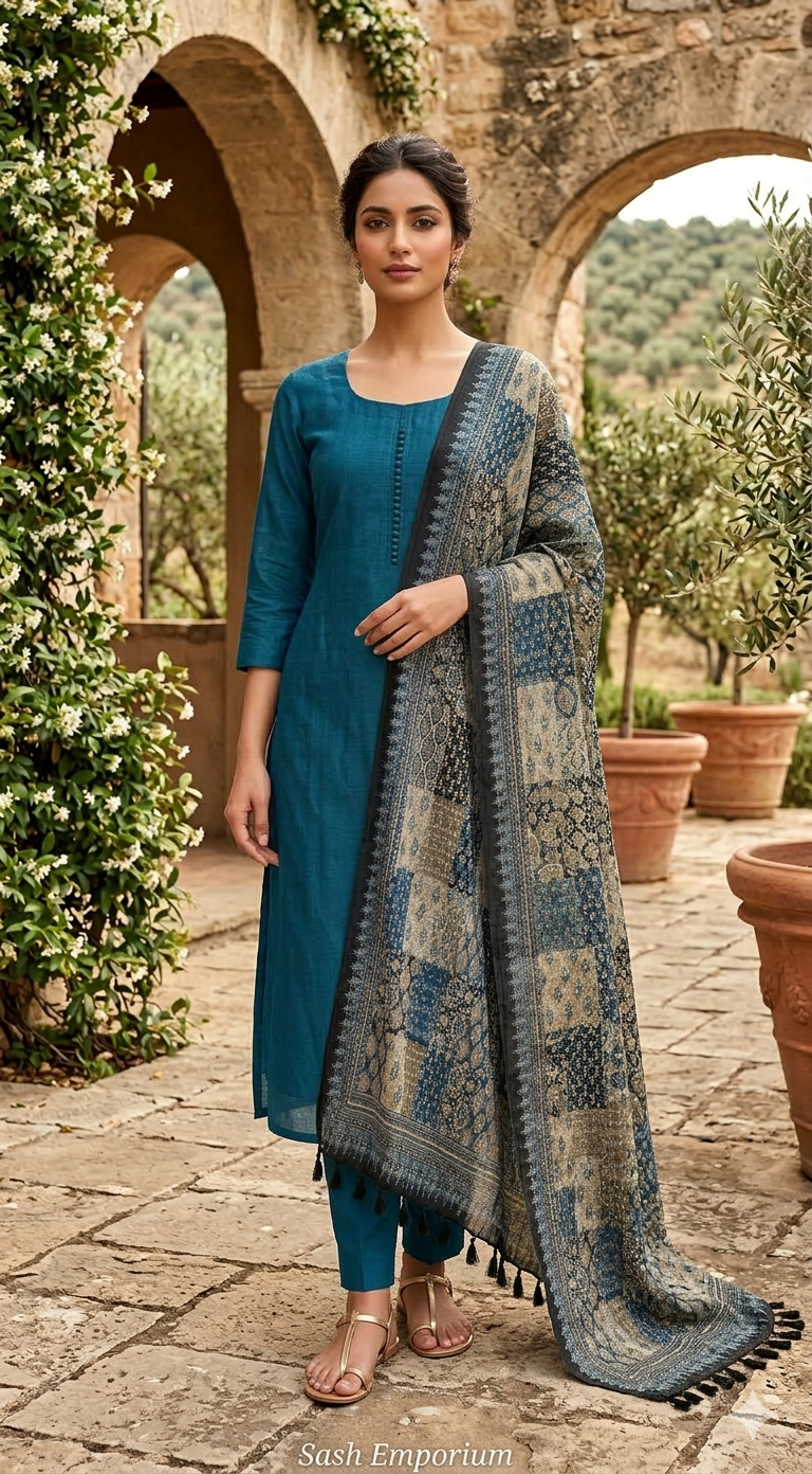 Semi raw silk 3pc salwar suit set(blue)