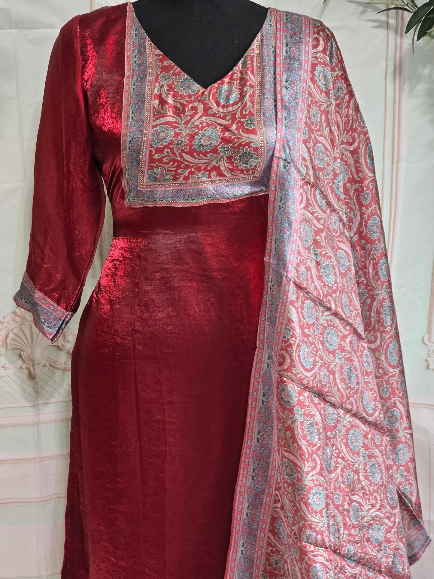 Satin organza reddish maroon 3pc salwar suit set