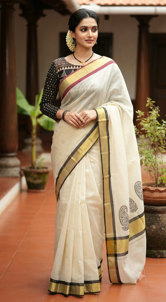 Premium cotton kerala saree with stitched blouse (40-42) size