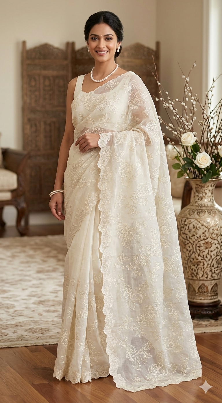 Pure organza saree (off white) with applique work- stitched blouse