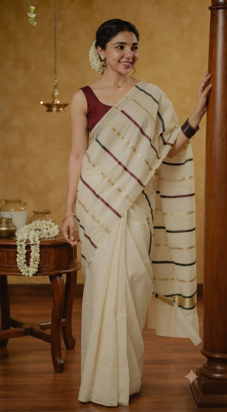 Soft cotton onam saree with maroon/ gold stripes
