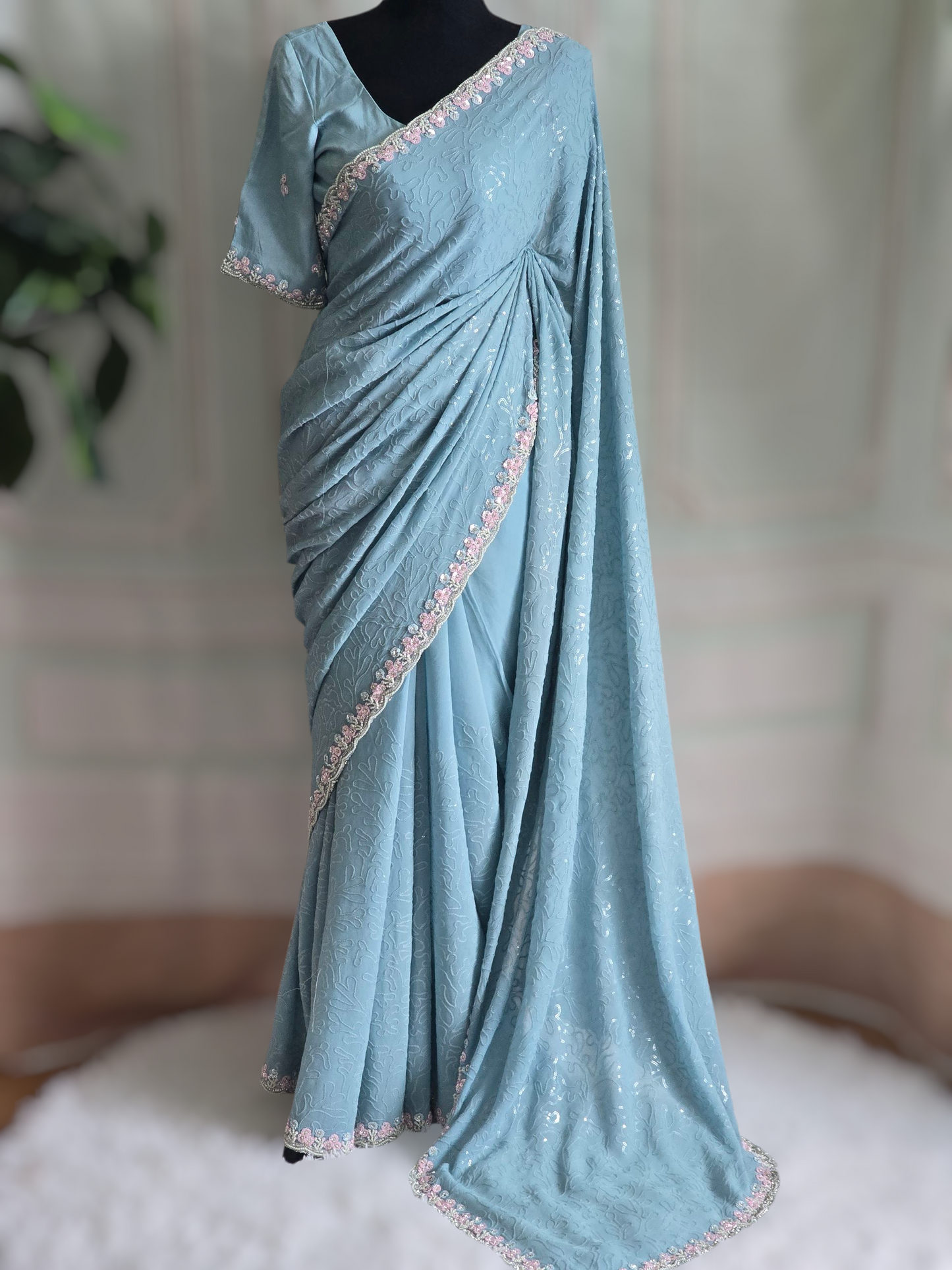 Georgette crape-designer saree( powder blue) with handwork-stitched blouse