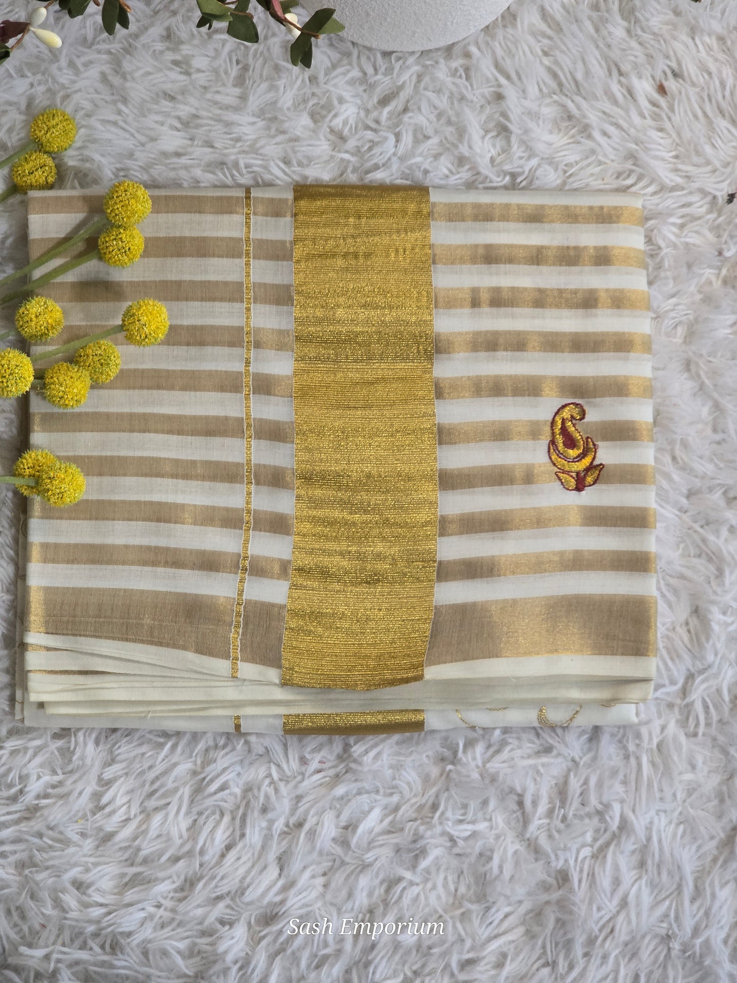 Cotton set saree with gold stripes and design