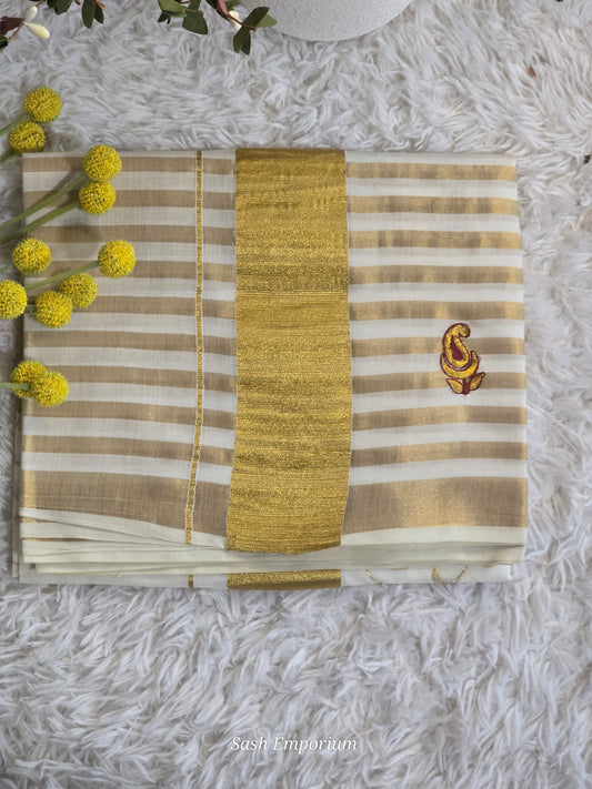 Cotton set saree with gold stripes and design