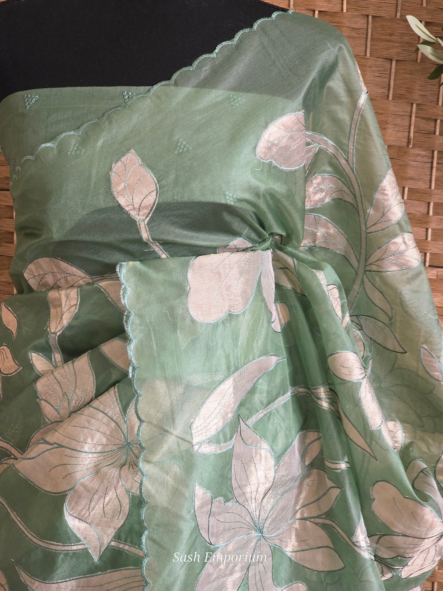 Turquish organza saree (sage green) with applique work- stitched blouse