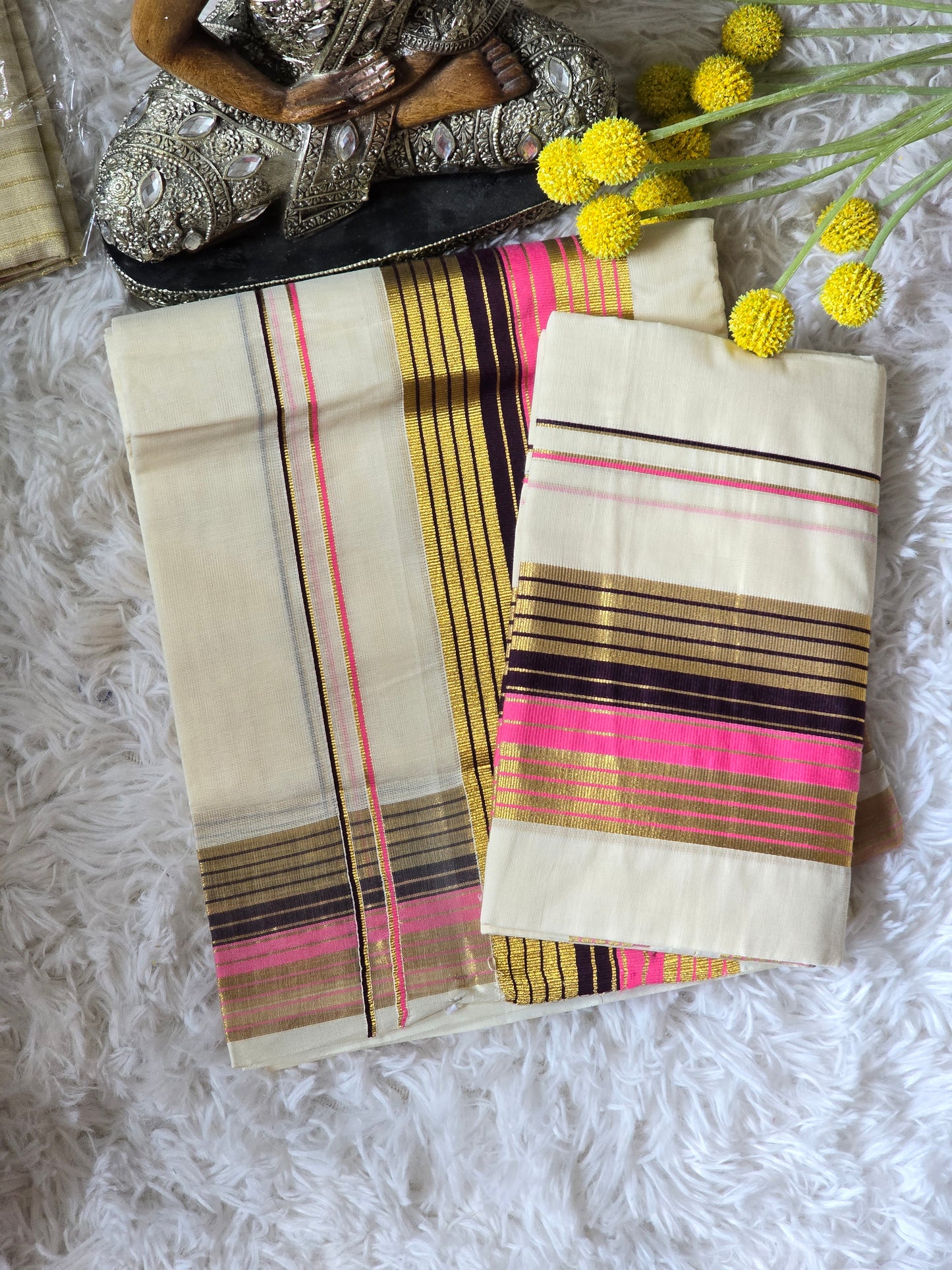 Premium cotton Onam set mund pink/ brown (3.85*280)