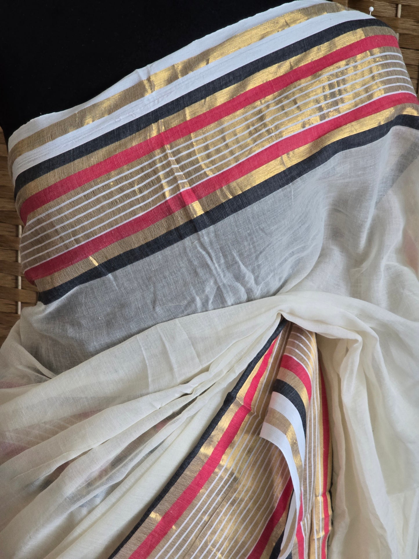 Mul cotton saree with black/gold/red border (fall and pico done)NO Blouse piece