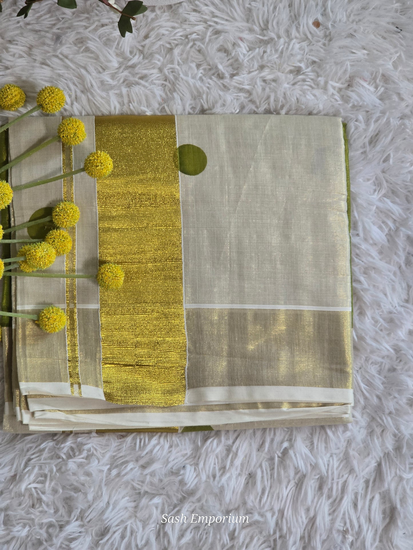 Tissue set saree with green polka dots(duel shade)