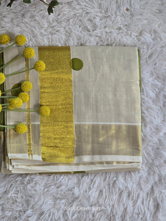 Tissue set saree with green polka dots(duel shade)