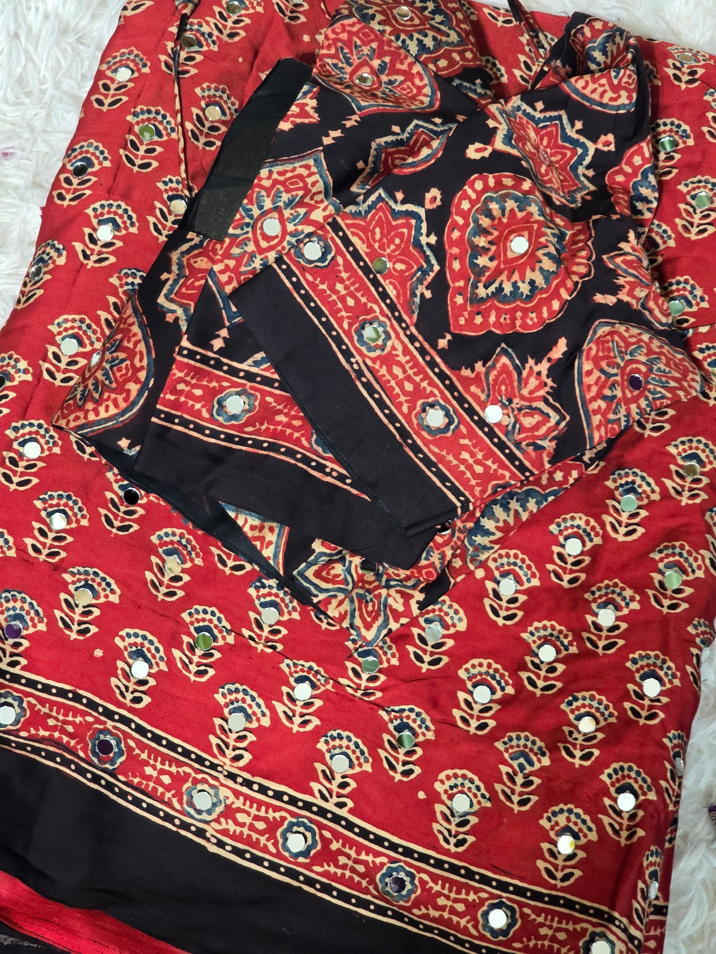 Modal silk saree with mirror work(glued)- stitched blouse