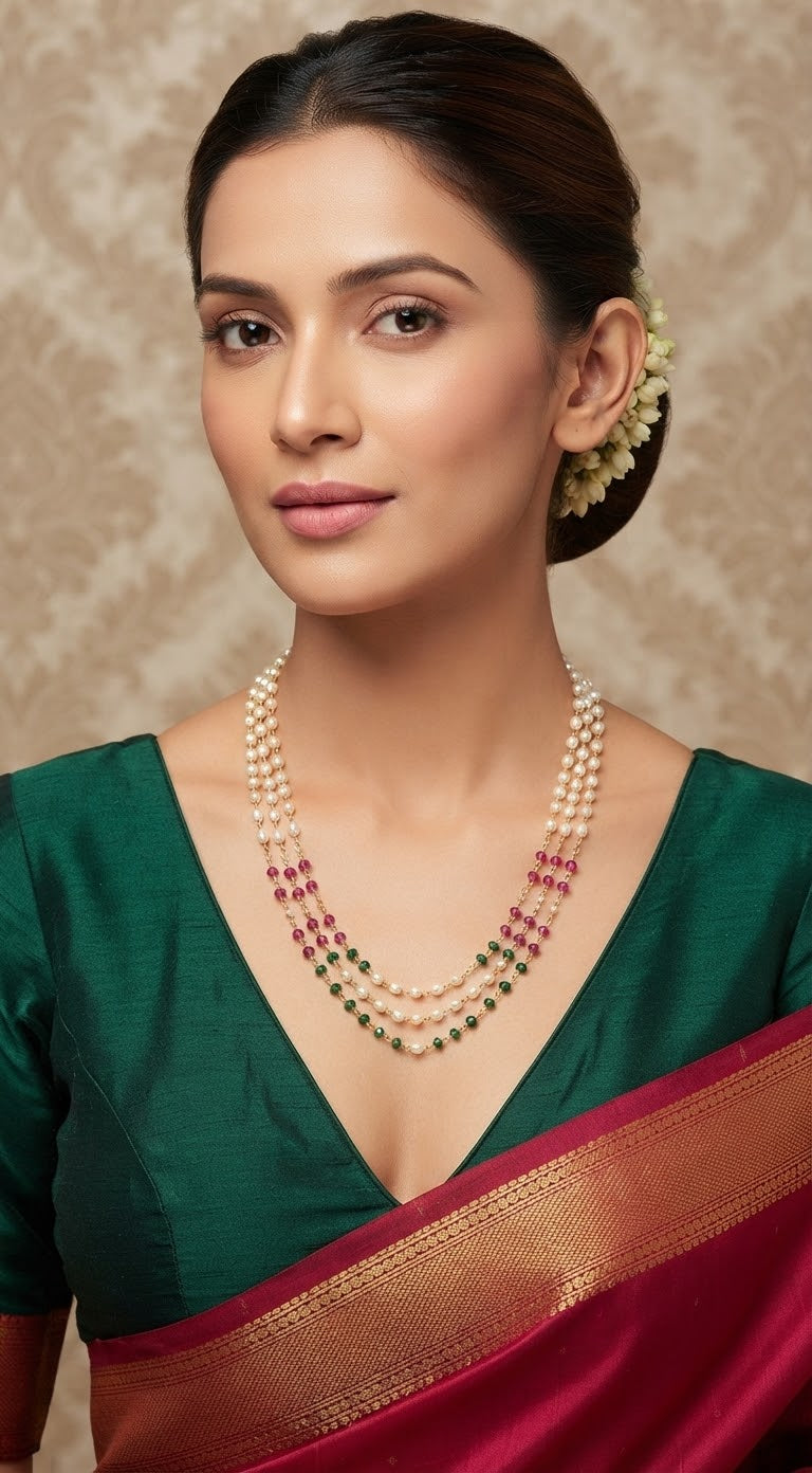 Long 3 layer pearl chain (short) green/ pink