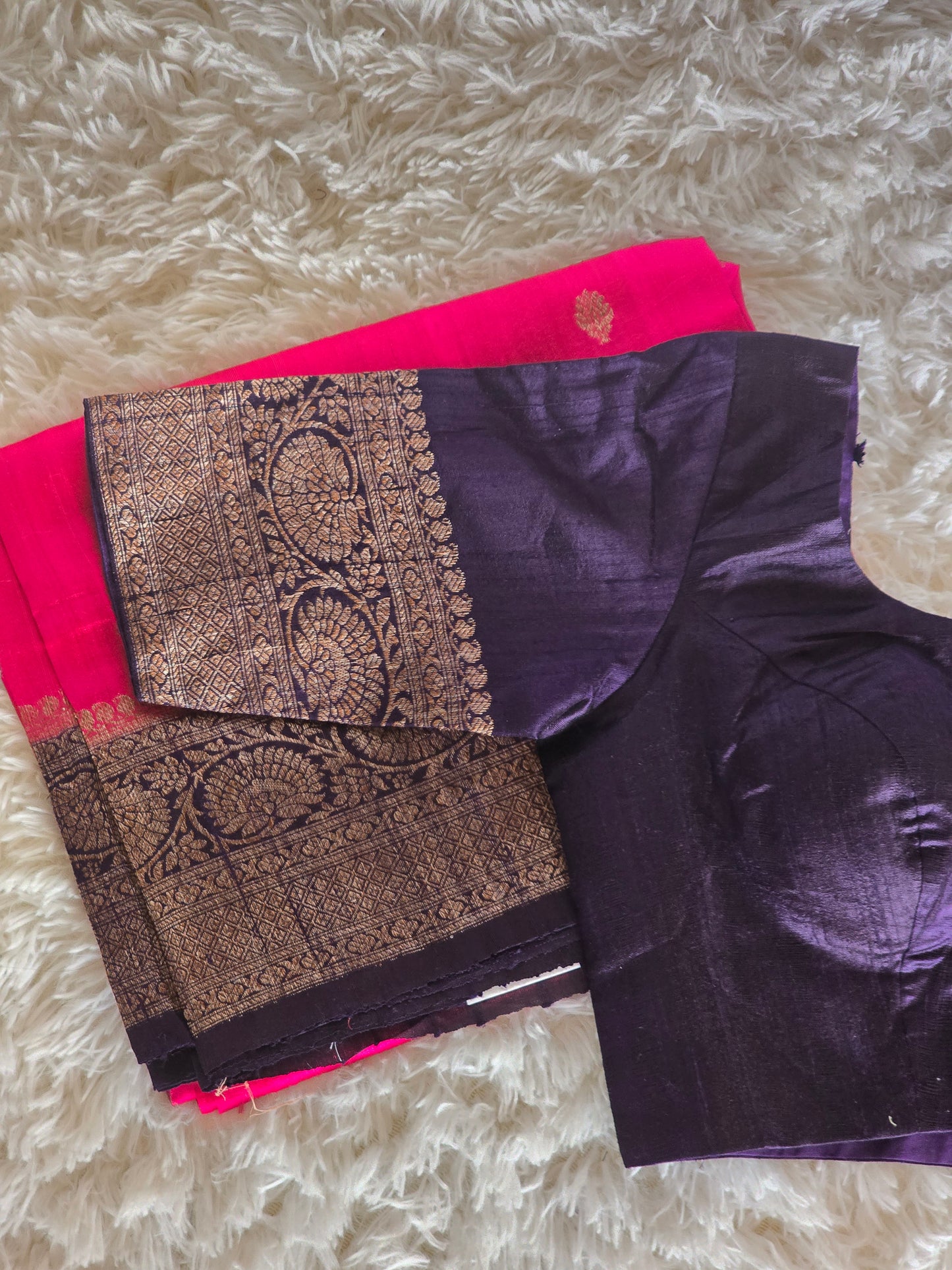Tussar raw silk saree with banarasi border- contrast blouse (blue)