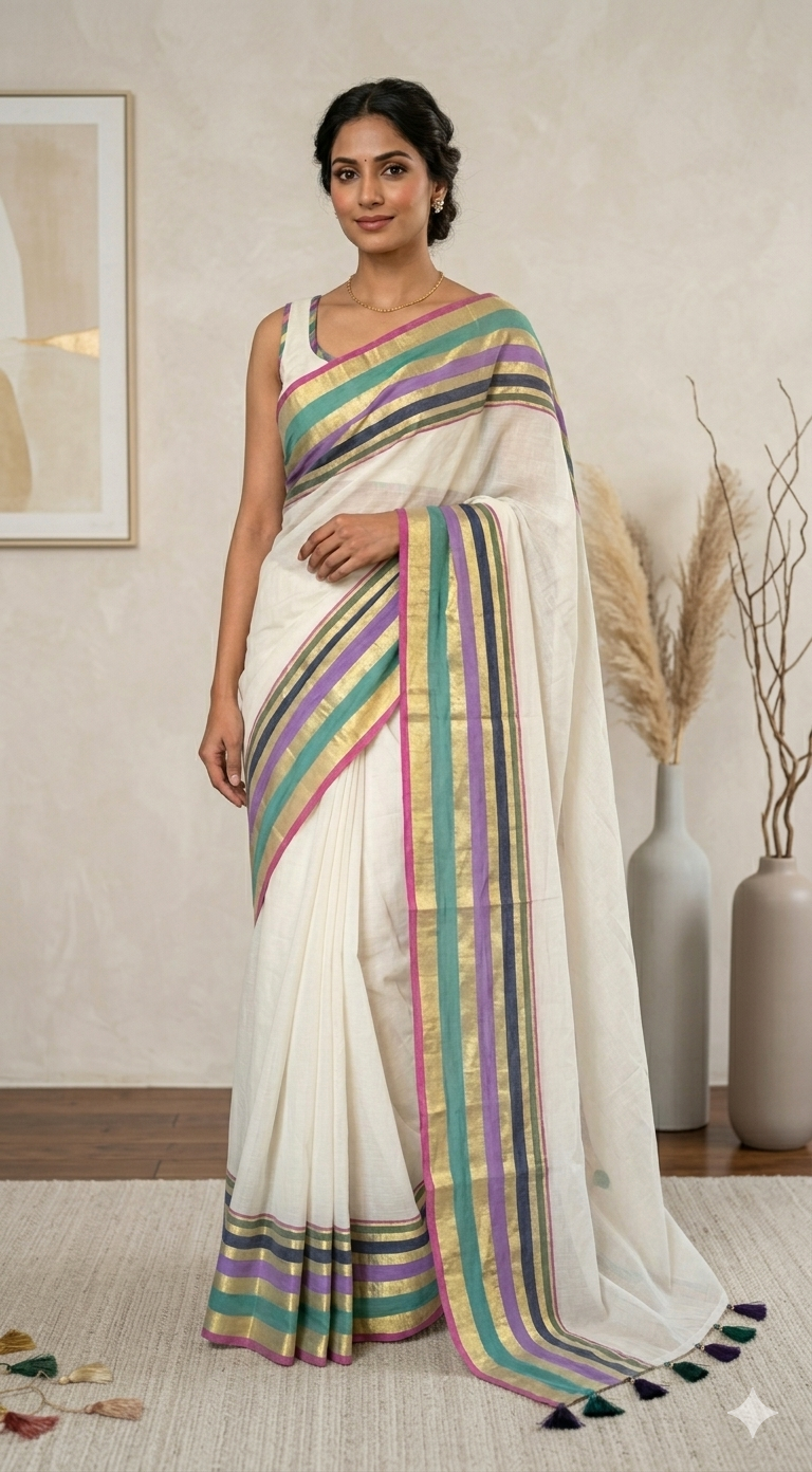 Mul cotton saree with multicolor border (fall and pico done)NO Blouse piece