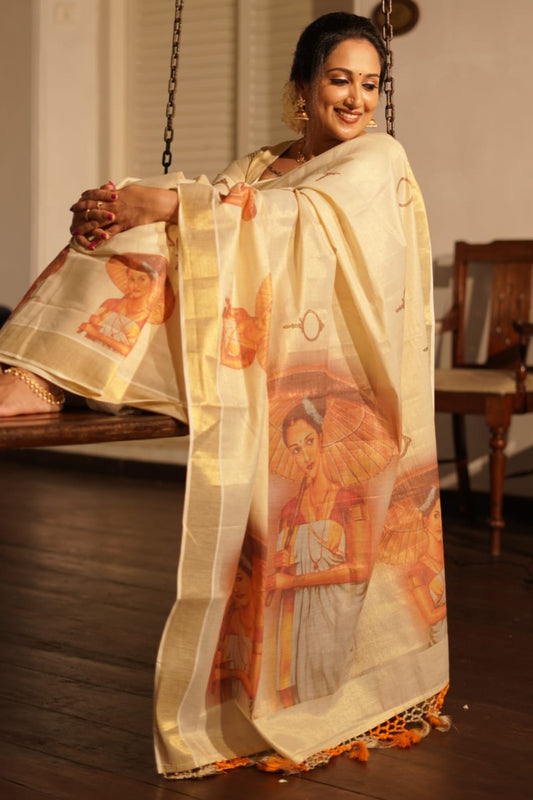 Exclusive onam tissue saree with tradition lady pic print design- Bp