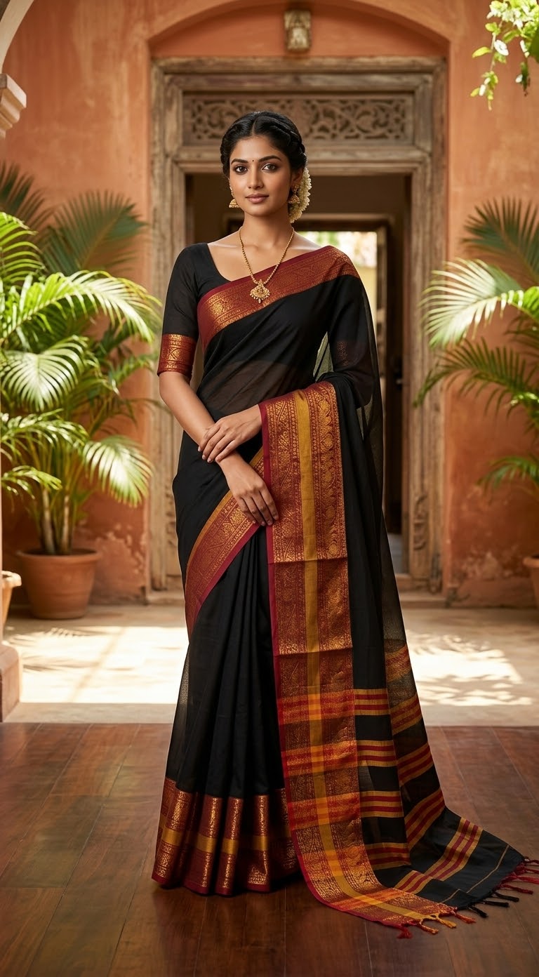 Handloom cotton saree with kanchee border- stitched blouse