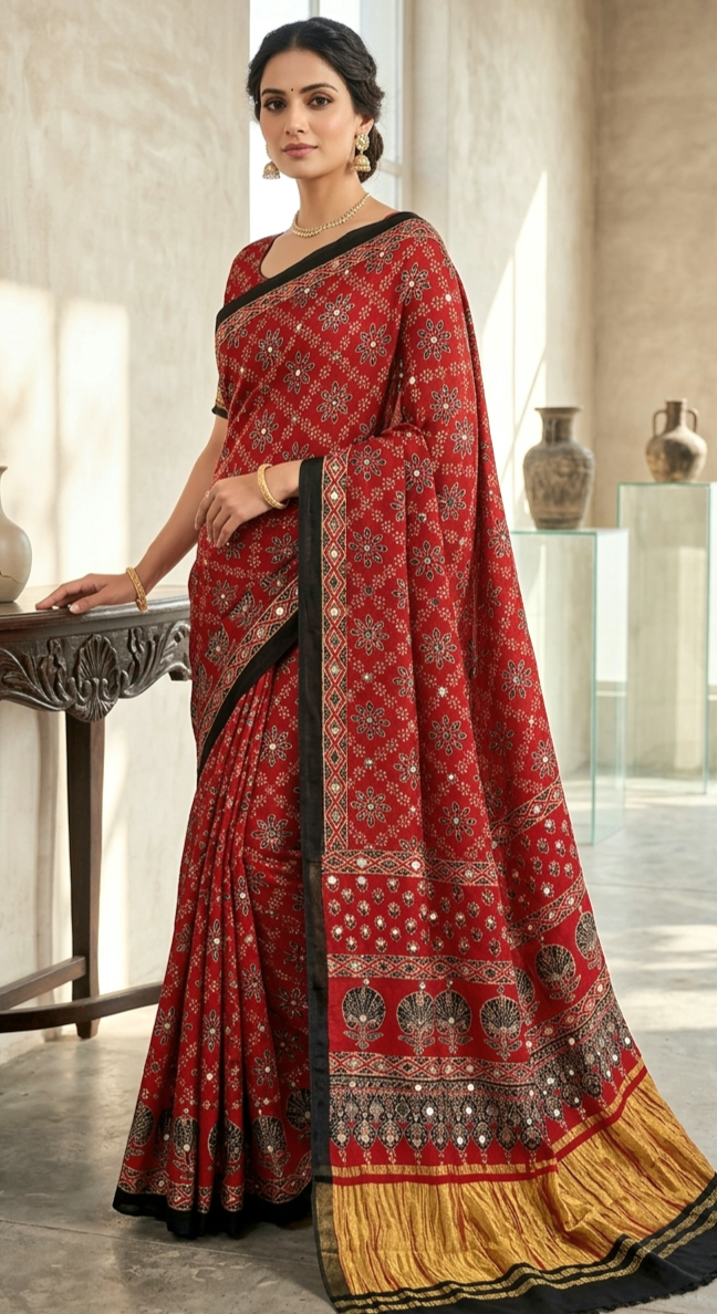Deep red Ajrakh print modal silk saree with stitched blouse