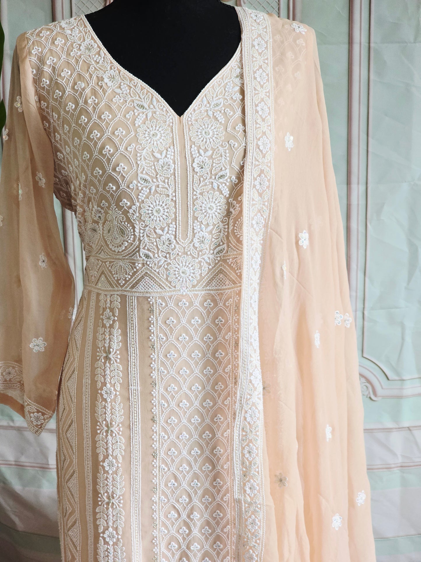 Pure georgette chikankari 3 pc salwar suit set (light peach)