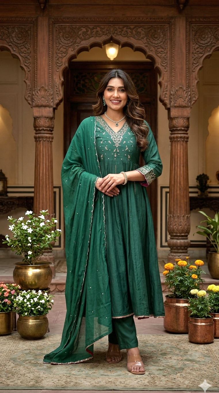 Mul chanderi designer 3 pc salwar suit set- emerald green