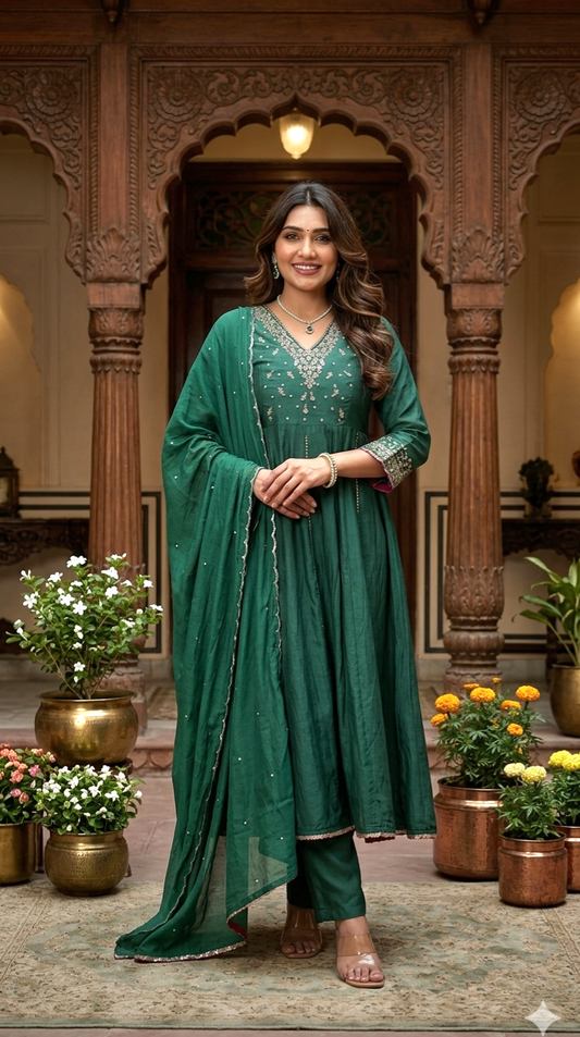 Mul chanderi designer 3 pc salwar suit set- emerald green